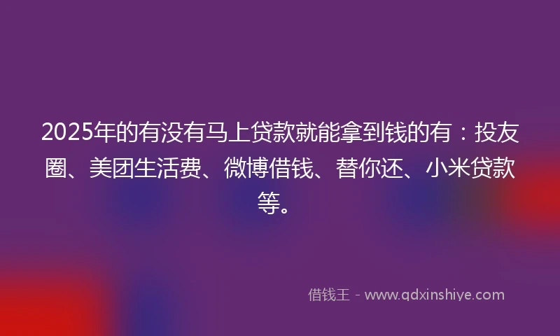 2025年的有没有马上贷款就能拿到钱的有：投友圈、美团生活费、微博借钱、替你还、小米贷款等。