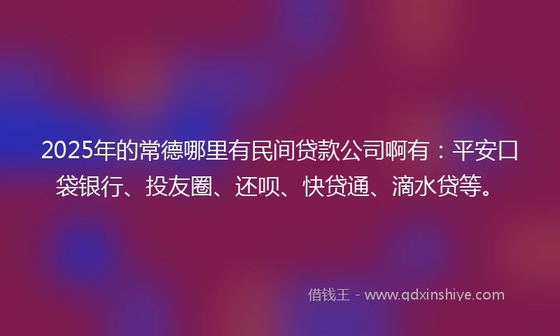 2025年的常德哪里有民间贷款公司啊有：平安口袋银行、投友圈、还呗、快贷通、滴水贷等。