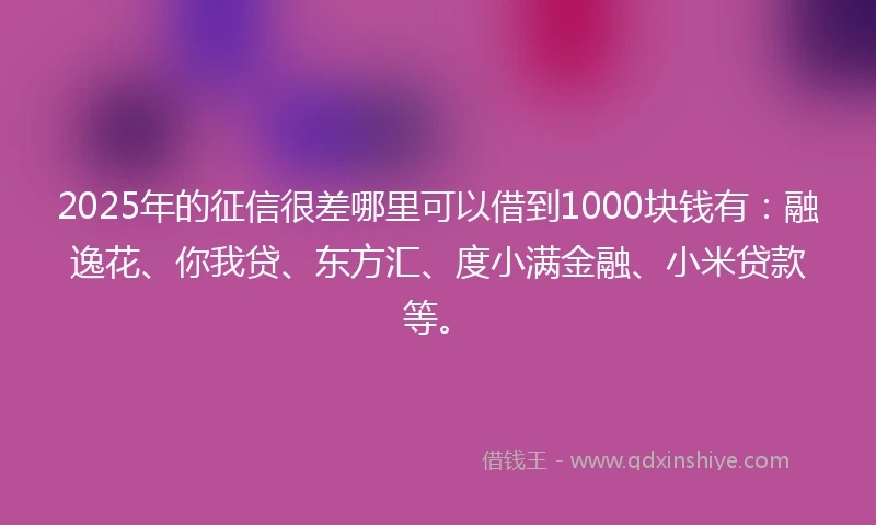 2025年的征信很差哪里可以借到1000块钱有：融逸花、你我贷、东方汇、度小满金融、小米贷款等。