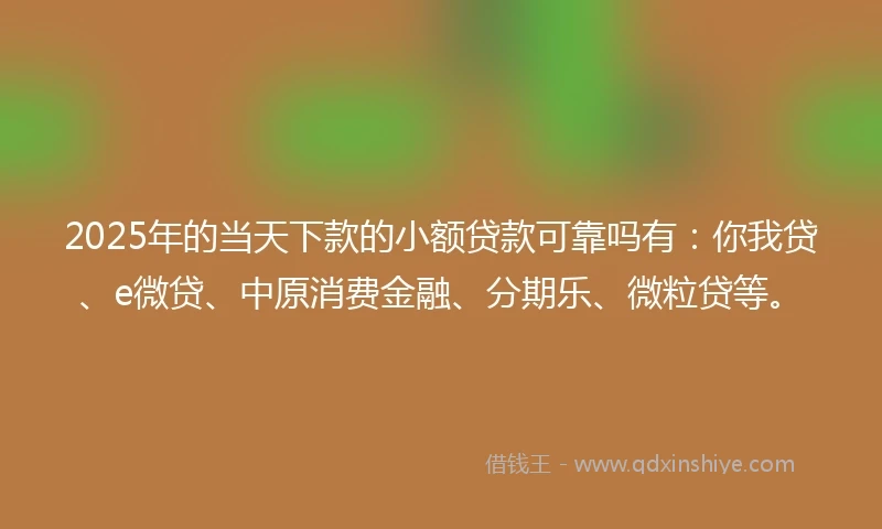 2025年的当天下款的小额贷款可靠吗有：你我贷、e微贷、中原消费金融、分期乐、微粒贷等。