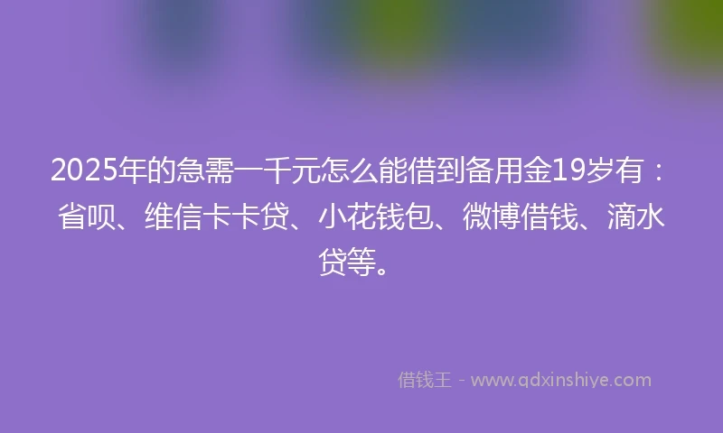 2025年的急需一千元怎么能借到备用金19岁有：省呗、维信卡卡贷、小花钱包、微博借钱、滴水贷等。