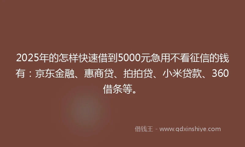2025年的怎样快速借到5000元急用不看征信的钱有：京东金融、惠商贷、拍拍贷、小米贷款、360借条等。