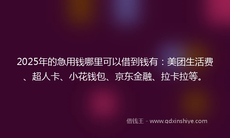 2025年的急用钱哪里可以借到钱有：美团生活费、超人卡、小花钱包、京东金融、拉卡拉等。