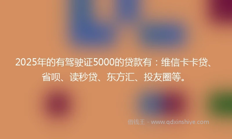 2025年的有驾驶证5000的贷款有：维信卡卡贷、省呗、读秒贷、东方汇、投友圈等。