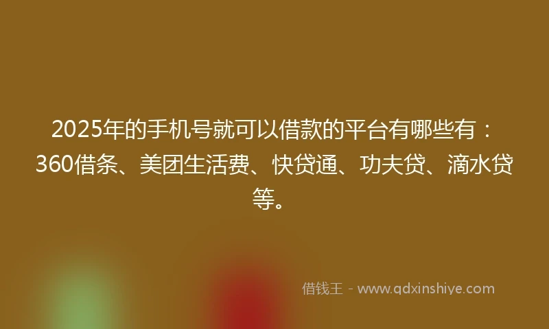 2025年的手机号就可以借款的平台有哪些有：360借条、美团生活费、快贷通、功夫贷、滴水贷等。