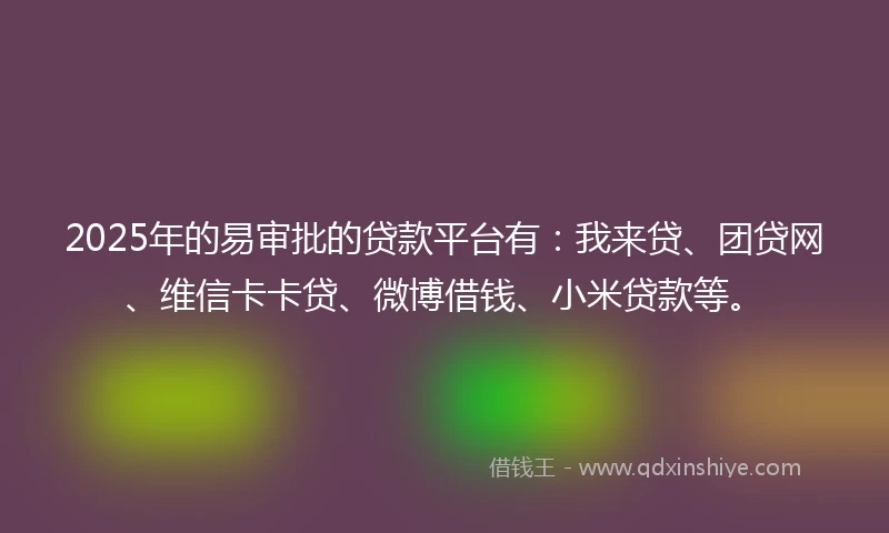 2025年的易审批的贷款平台有：我来贷、团贷网、维信卡卡贷、微博借钱、小米贷款等。