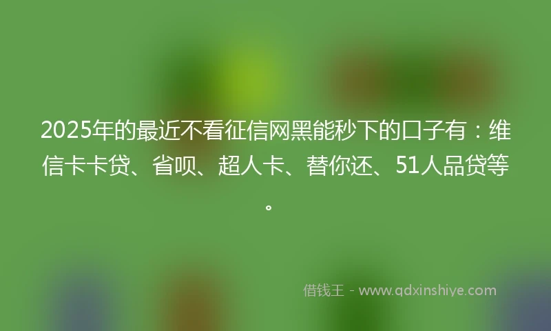 2025年的最近不看征信网黑能秒下的口子有：维信卡卡贷、省呗、超人卡、替你还、51人品贷等。