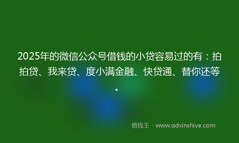 2025年的微信公众号借钱的小贷容易过的有：拍拍贷、我来贷、度小满金融、快贷通、替你还等。