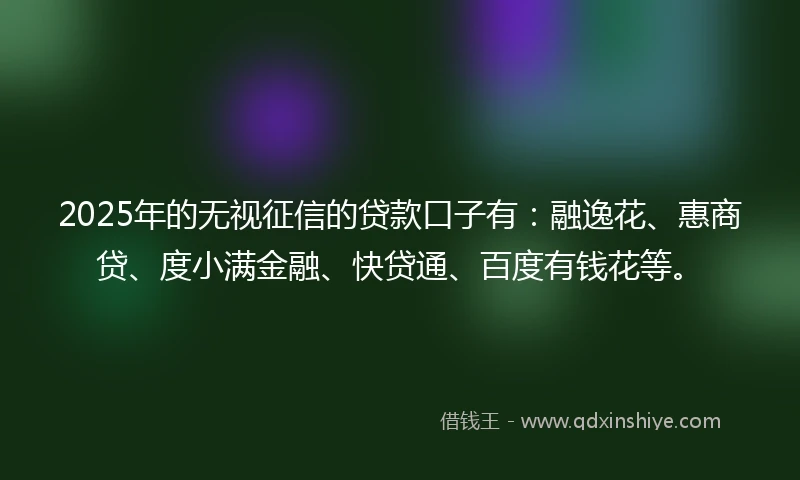 2025年的无视征信的贷款口子有：融逸花、惠商贷、度小满金融、快贷通、百度有钱花等。