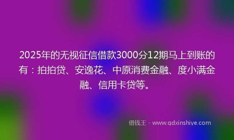 2025年的无视征信借款3000分12期马上到账的有：拍拍贷、安逸花、中原消费金融、度小满金融、信用卡贷等。