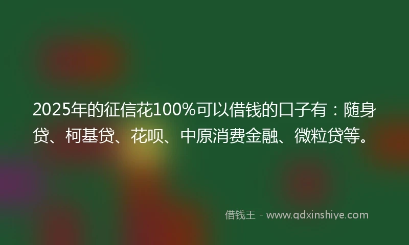 2025年的征信花100%可以借钱的口子有：随身贷、柯基贷、花呗、中原消费金融、微粒贷等。