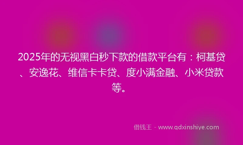 2025年的无视黑白秒下款的借款平台有：柯基贷、安逸花、维信卡卡贷、度小满金融、小米贷款等。