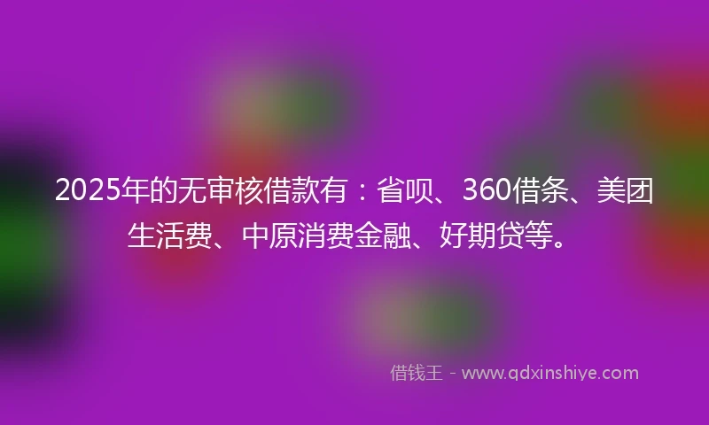 2025年的无审核借款有：省呗、360借条、美团生活费、中原消费金融、好期贷等。