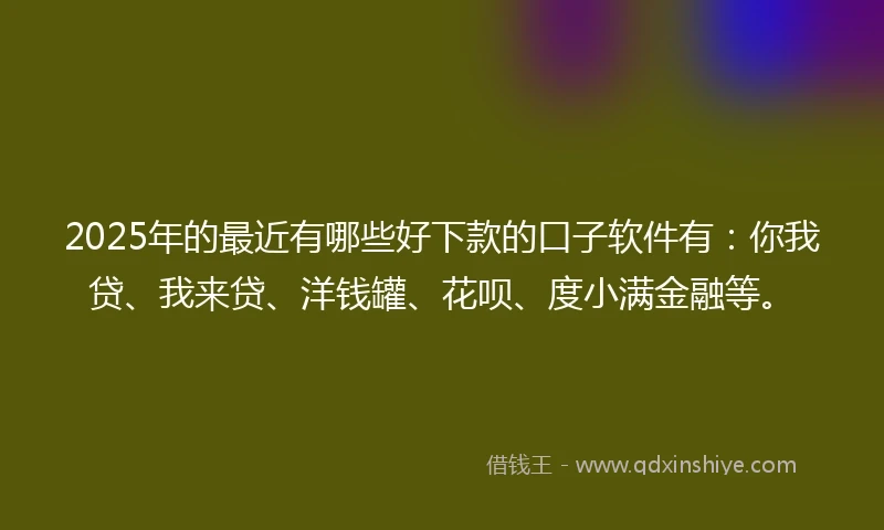 2025年的最近有哪些好下款的口子软件有：你我贷、我来贷、洋钱罐、花呗、度小满金融等。