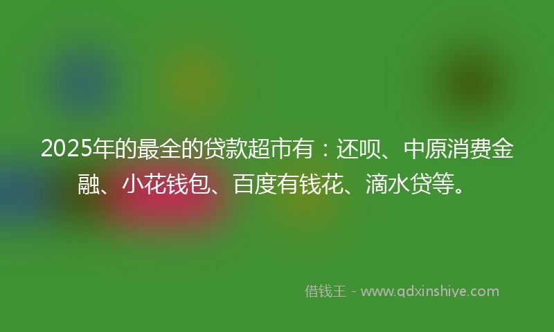 2025年的最全的贷款超市有：还呗、中原消费金融、小花钱包、百度有钱花、滴水贷等。