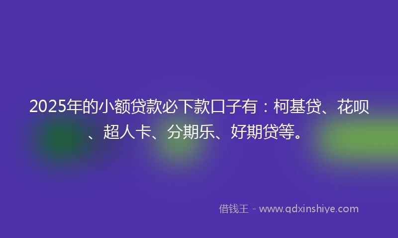 2025年的小额贷款必下款口子有：柯基贷、花呗、超人卡、分期乐、好期贷等。
