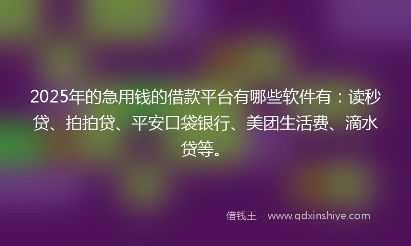 2025年的急用钱的借款平台有哪些软件有：读秒贷、拍拍贷、平安口袋银行、美团生活费、滴水贷等。