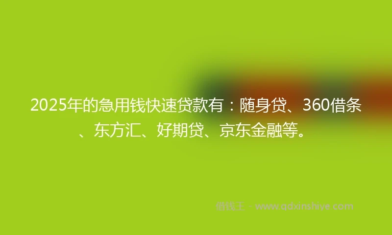 2025年的急用钱快速贷款有：随身贷、360借条、东方汇、好期贷、京东金融等。