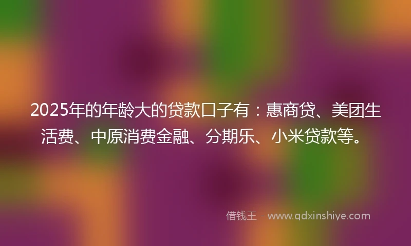 2025年的年龄大的贷款口子有:惠商贷、美团生活费、中原消费金融、分期乐、小米贷款等。