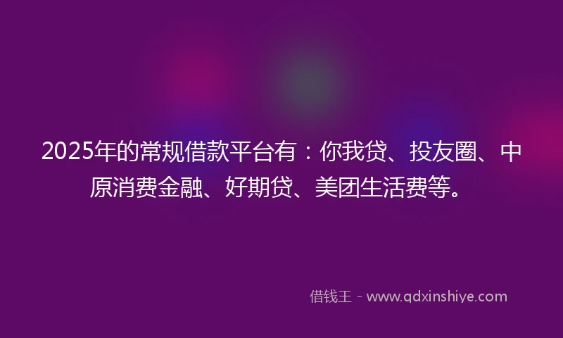 2025年的常规借款平台有：你我贷、投友圈、中原消费金融、好期贷、美团生活费等。