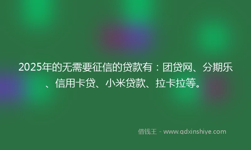 2025年的无需要征信的贷款有：团贷网、分期乐、信用卡贷、小米贷款、拉卡拉等。