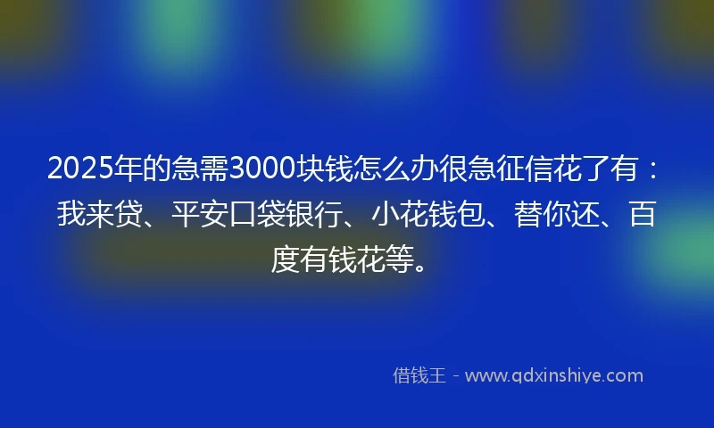 2025年的急需3000块钱怎么办很急征信花了有：我来贷、平安口袋银行、小花钱包、替你还、百度有钱花等。