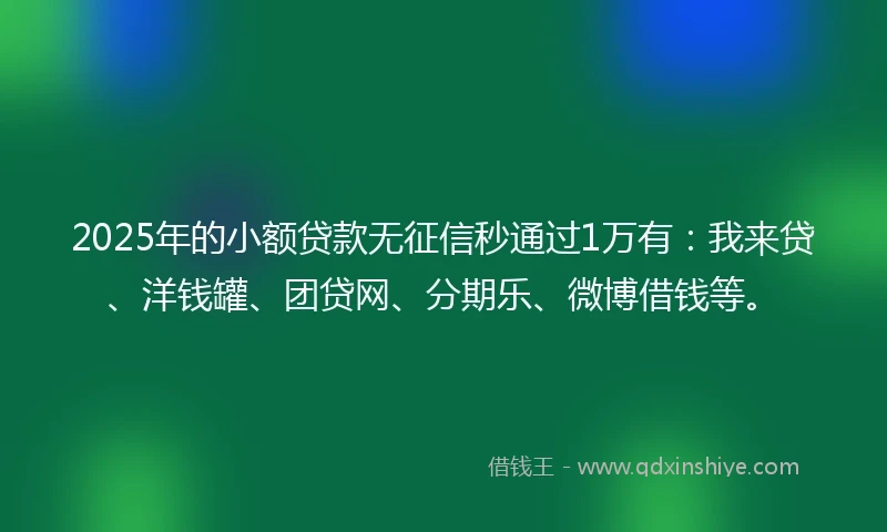 2025年的小额贷款无征信秒通过1万有：我来贷、洋钱罐、团贷网、分期乐、微博借钱等。