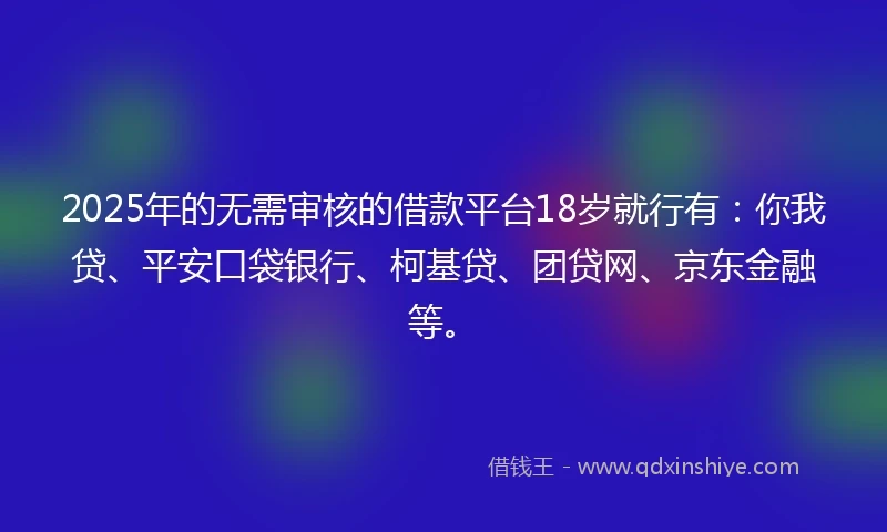 2025年的无需审核的借款平台18岁就行有：你我贷、平安口袋银行、柯基贷、团贷网、京东金融等。