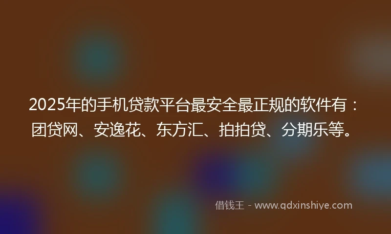 2025年的手机贷款平台最安全最正规的软件有：团贷网、安逸花、东方汇、拍拍贷、分期乐等。