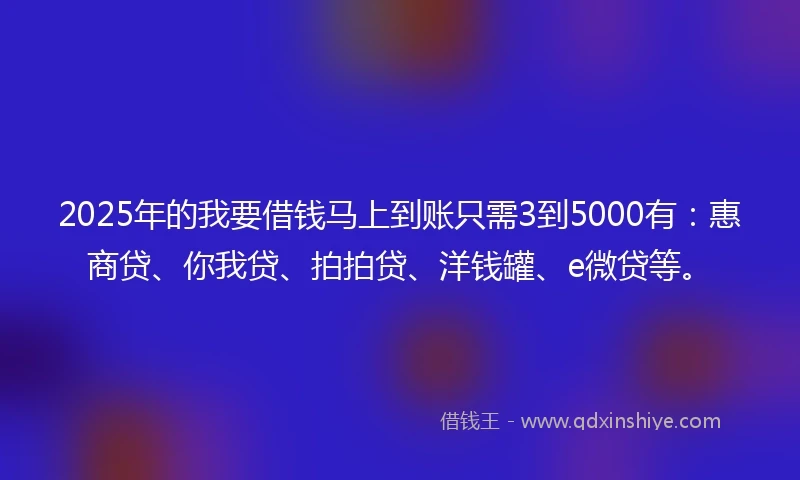 2025年的我要借钱马上到账只需3到5000有：惠商贷、你我贷、拍拍贷、洋钱罐、e微贷等。