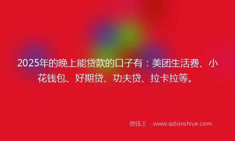 2025年的晚上能贷款的口子有：美团生活费、小花钱包、好期贷、功夫贷、拉卡拉等。