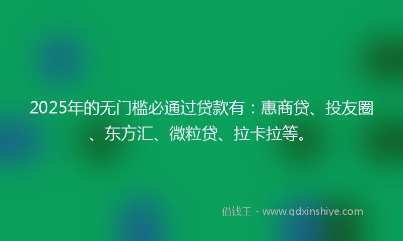 2025年的无门槛必通过贷款有：惠商贷、投友圈、东方汇、微粒贷、拉卡拉等。
