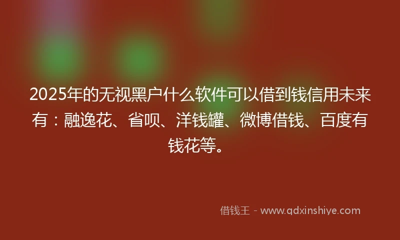 2025年的无视黑户什么软件可以借到钱信用未来有：融逸花、省呗、洋钱罐、微博借钱、百度有钱花等。