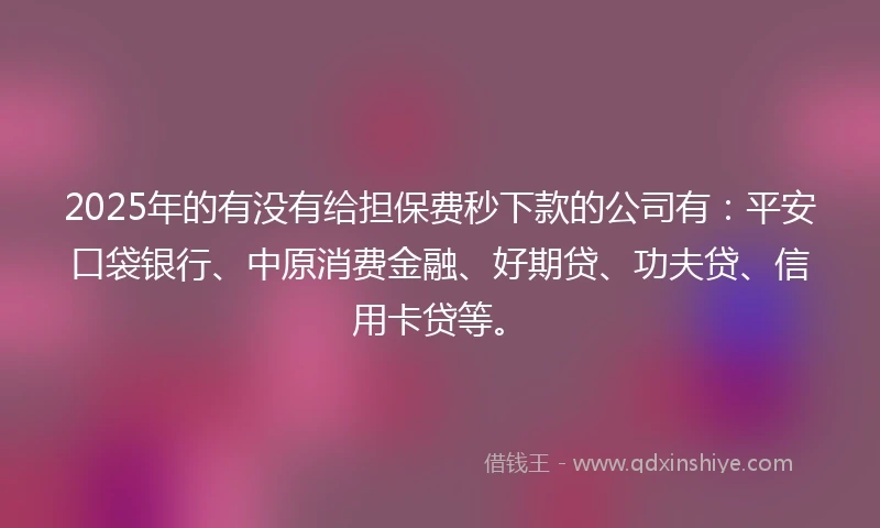 2025年的有没有给担保费秒下款的公司有：平安口袋银行、中原消费金融、好期贷、功夫贷、信用卡贷等。