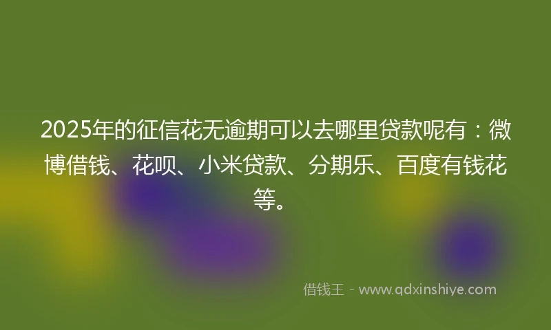 2025年的征信花无逾期可以去哪里贷款呢有：微博借钱、花呗、小米贷款、分期乐、百度有钱花等。
