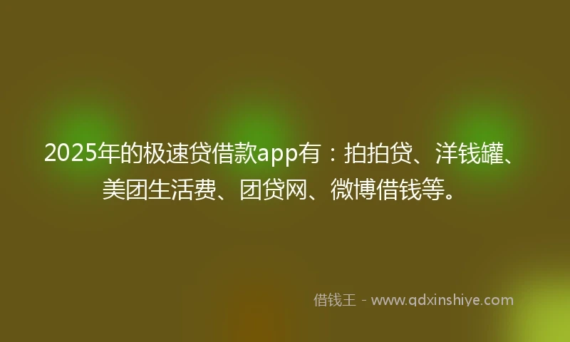 2025年的极速贷借款app有：拍拍贷、洋钱罐、美团生活费、团贷网、微博借钱等。
