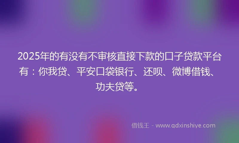2025年的有没有不审核直接下款的口子贷款平台有：你我贷、平安口袋银行、还呗、微博借钱、功夫贷等。