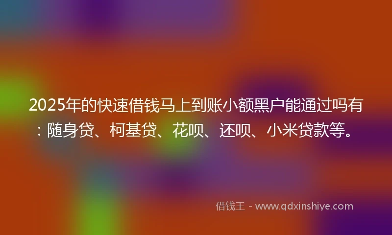 2025年的快速借钱马上到账小额黑户能通过吗有：随身贷、柯基贷、花呗、还呗、小米贷款等。