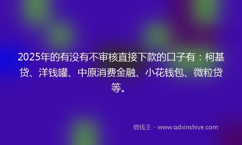 2025年的有没有不审核直接下款的口子有：柯基贷、洋钱罐、中原消费金融、小花钱包、微粒贷等。