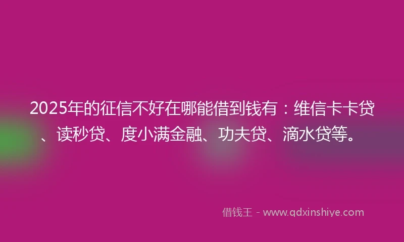 2025年的征信不好在哪能借到钱有：维信卡卡贷、读秒贷、度小满金融、功夫贷、滴水贷等。