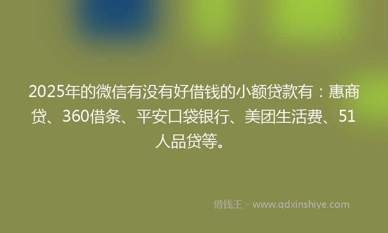 2025年的微信有没有好借钱的小额贷款有：惠商贷、360借条、平安口袋银行、美团生活费、51人品贷等。