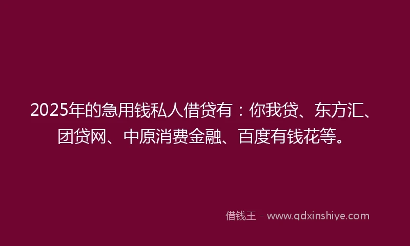2025年的急用钱私人借贷有：你我贷、东方汇、团贷网、中原消费金融、百度有钱花等。