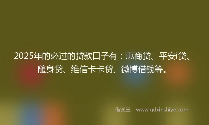2025年的必过的贷款口子有：惠商贷、平安i贷、随身贷、维信卡卡贷、微博借钱等。
