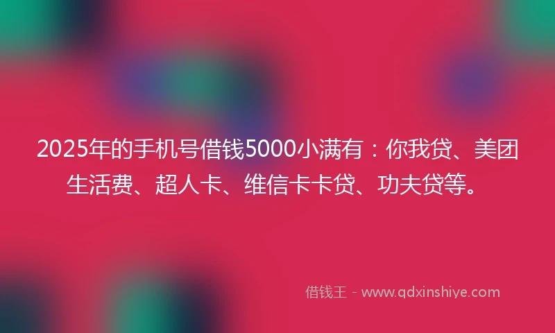 2025年的手机号借钱5000小满有：你我贷、美团生活费、超人卡、维信卡卡贷、功夫贷等。