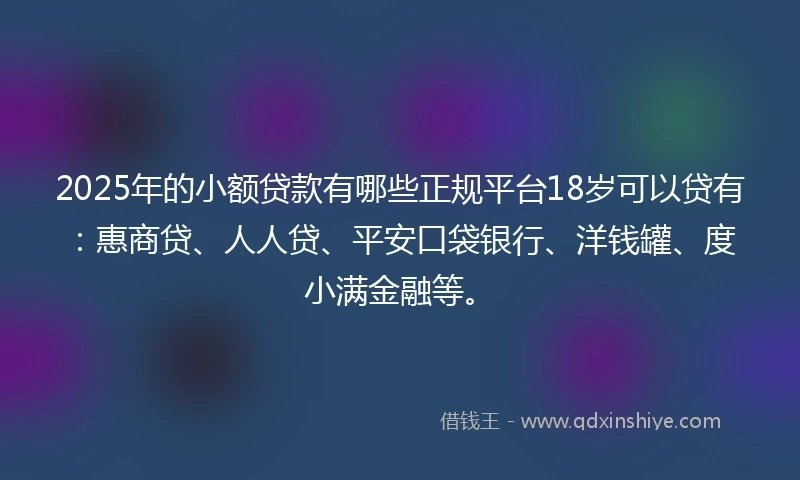 2025年的小额贷款有哪些正规平台18岁可以贷有：惠商贷、人人贷、平安口袋银行、洋钱罐、度小满金融等。