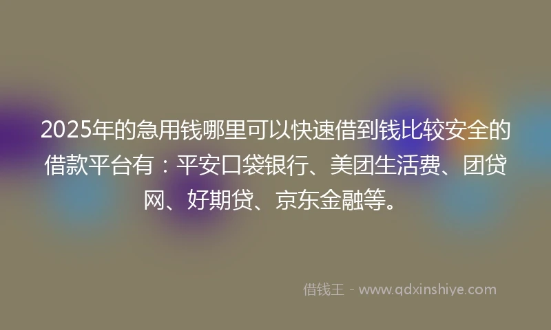 2025年的急用钱哪里可以快速借到钱比较安全的借款平台有：平安口袋银行、美团生活费、团贷网、好期贷、京东金融等。