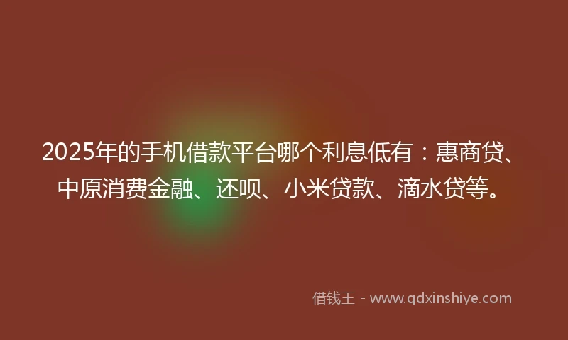 2025年的手机借款平台哪个利息低有：惠商贷、中原消费金融、还呗、小米贷款、滴水贷等。