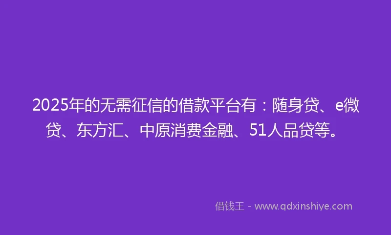 2025年的无需征信的借款平台有：随身贷、e微贷、东方汇、中原消费金融、51人品贷等。