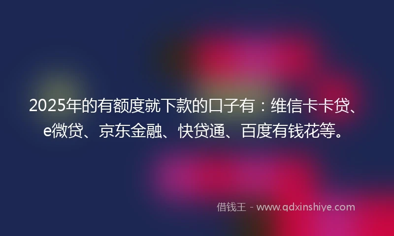 2025年的有额度就下款的口子有:维信卡卡贷、e微贷、京东金融、快贷通、百度有钱花等。