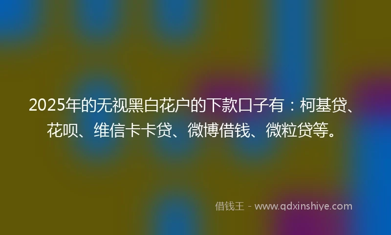 2025年的无视黑白花户的下款口子有：柯基贷、花呗、维信卡卡贷、微博借钱、微粒贷等。